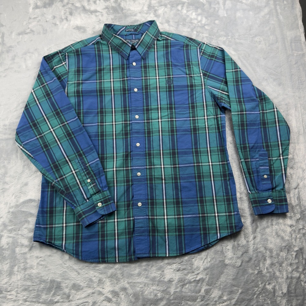 Chaps Mens XL Blue Green Plaid Cotton Button Down Shirt Custom Fit Long Sleeve